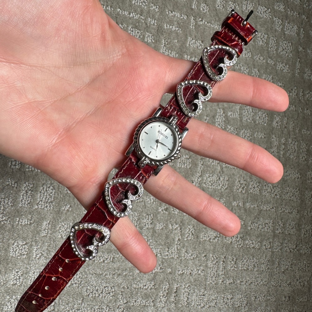 Vintage Rumours Quartz Watch Burgundy Croc Leather Rhinestone Heart Charms 24549